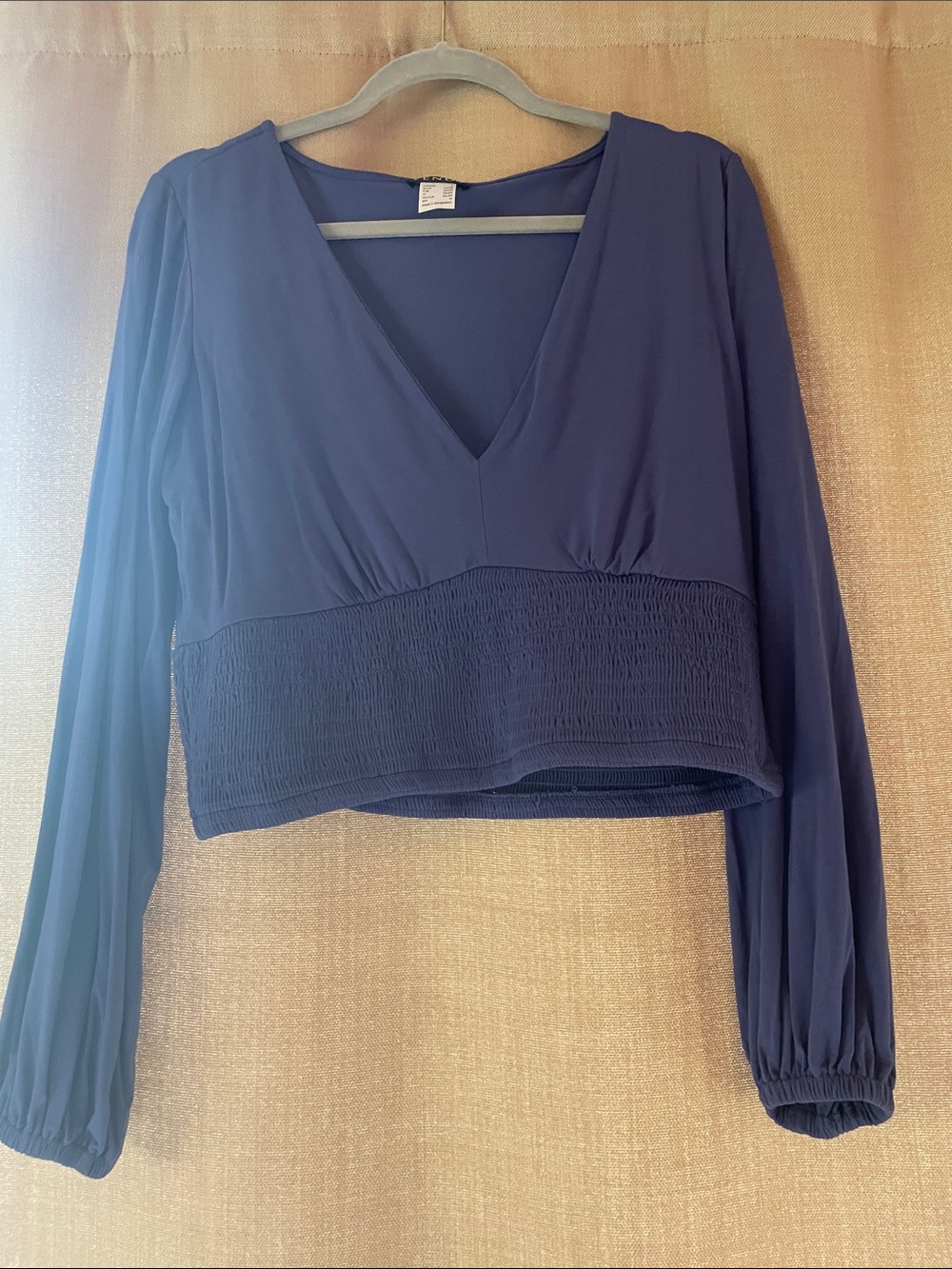 VENUS Navy V-Neck Long-Sleeve Smocked Waist Blouse